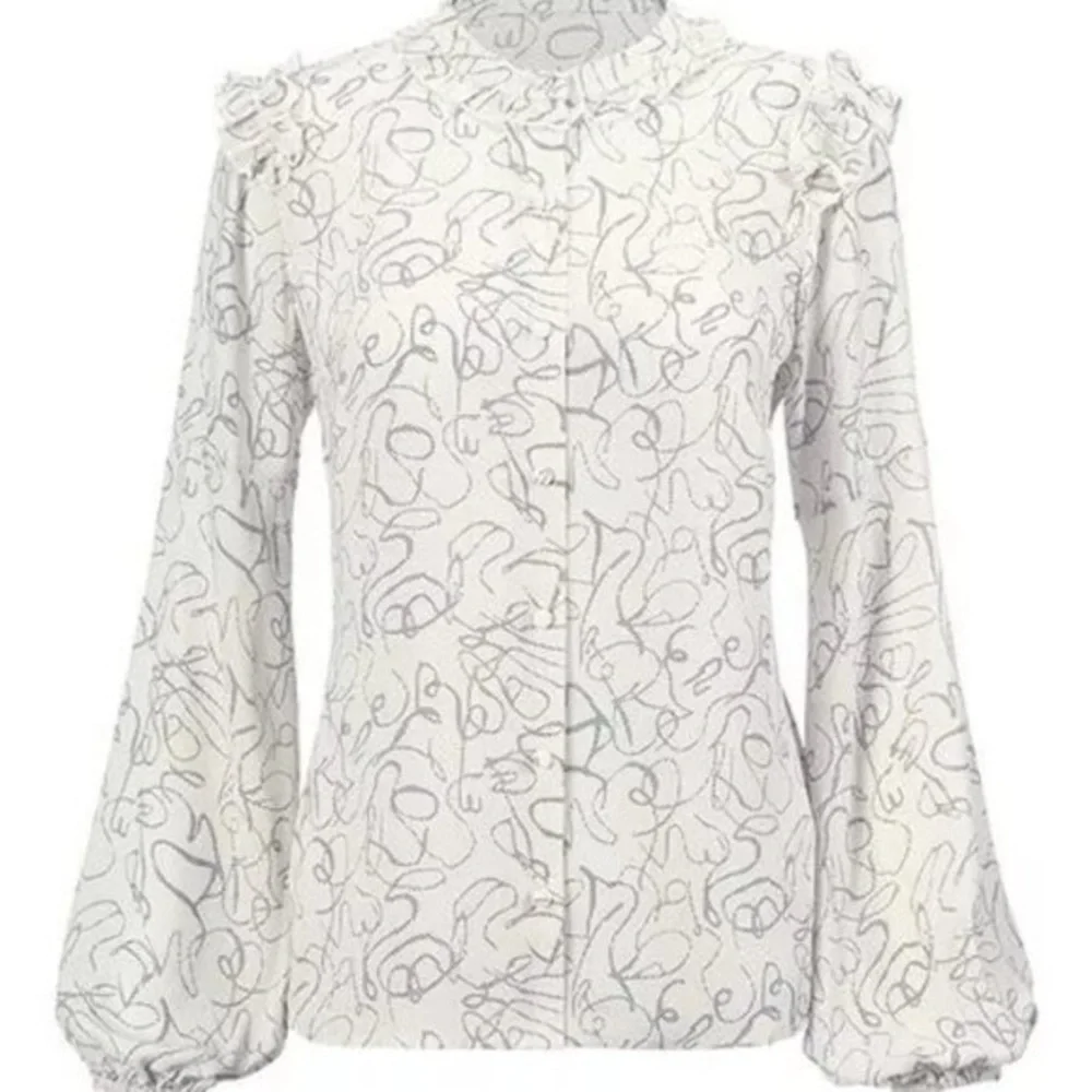 CAbi White Gray Abstract Ribbon Button Blouse